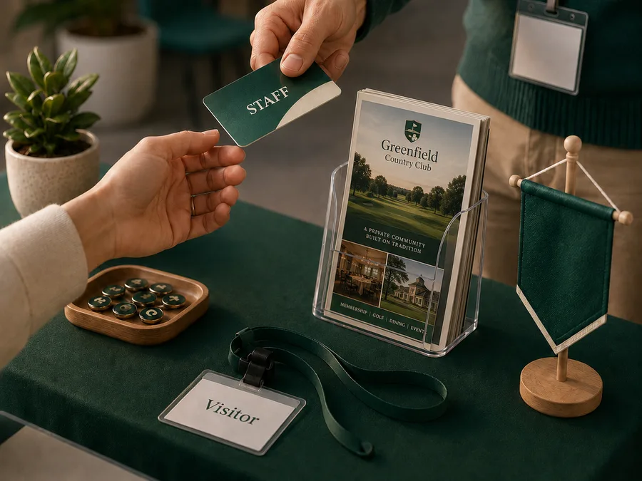 Accueil d'un club où une carte staff en PVC est remise à un membre, à côté d'un badge visiteur en porte-badge avec cordon