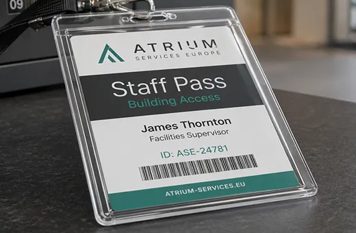 Rigid transparent polycarbonate badge holder for permanent staff use