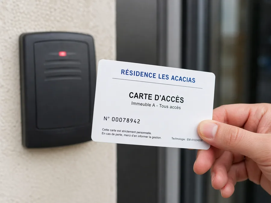 Main présentant une carte d'accès RFID blanche numérotée devant un lecteur mural de contrôle d'accès