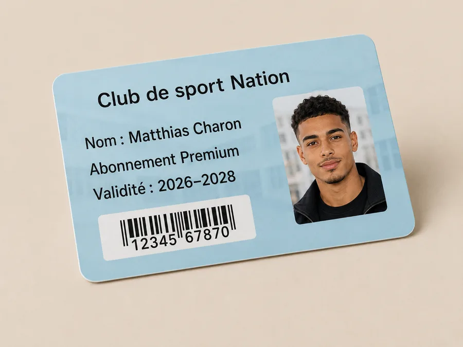 Carte de membre PVC d'un club de sport avec nom, photo, type d'abonnement, période de validité et code-barres personnalisés