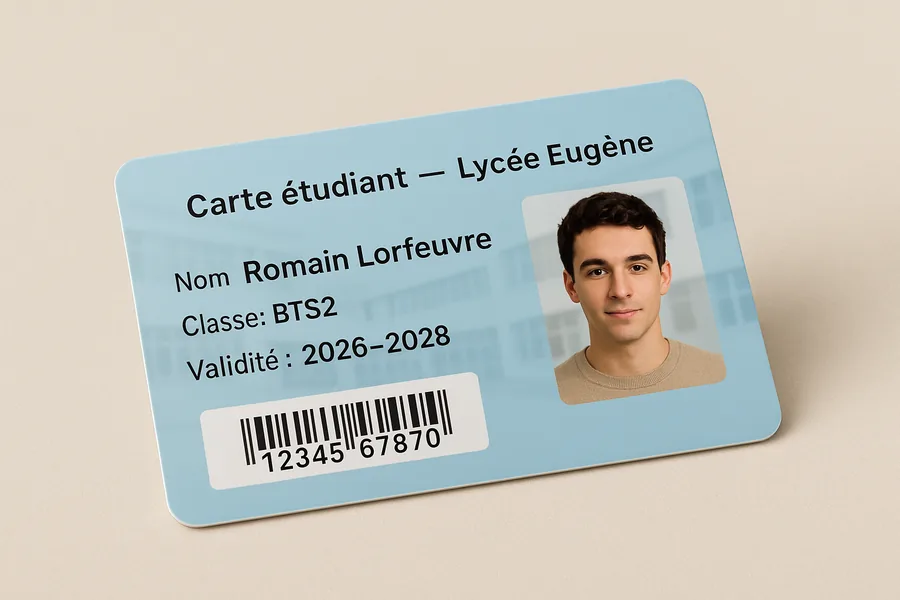 Carte étudiants d'un lycée avec nom de l'élève, classe, années de validité, photo d'identité et code-barres numéroté