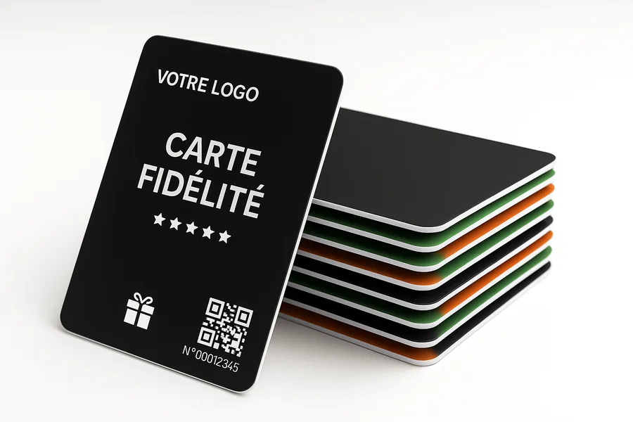 Carte de fidélité en PVC noir portant un QR code, posée devant une pile de cartes de couleurs variées
