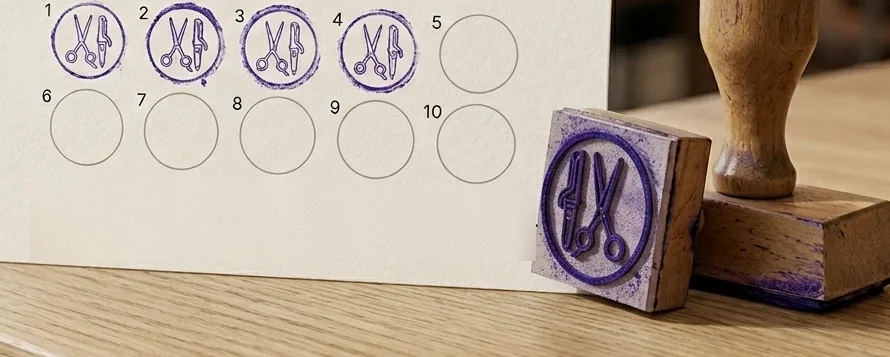 Carte de fidélité à dix cases sur papier non couché, quatre cases tamponnées à l'encre violette avec le logo ciseaux du salon, posée à côté du tampon personnalisé encré