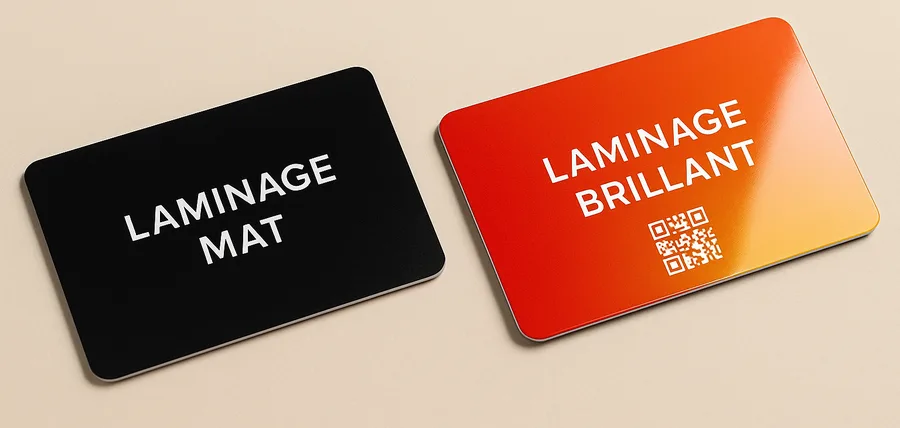 Deux cartes posées côte à côte, l'une au laminage mat noir, l'autre au laminage brillant orange avec un reflet marqué