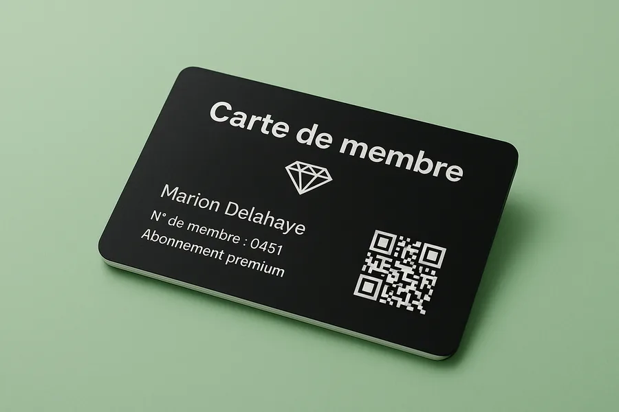 Carte de membre noire portant uniquement le nom du membre, son numéro, sa formule d'abonnement et un QR code