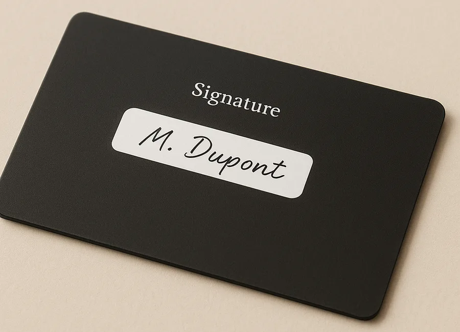 Carte PVC noire mate avec un panneau inscriptible blanc sous la mention Signature, rempli à la main au stylo