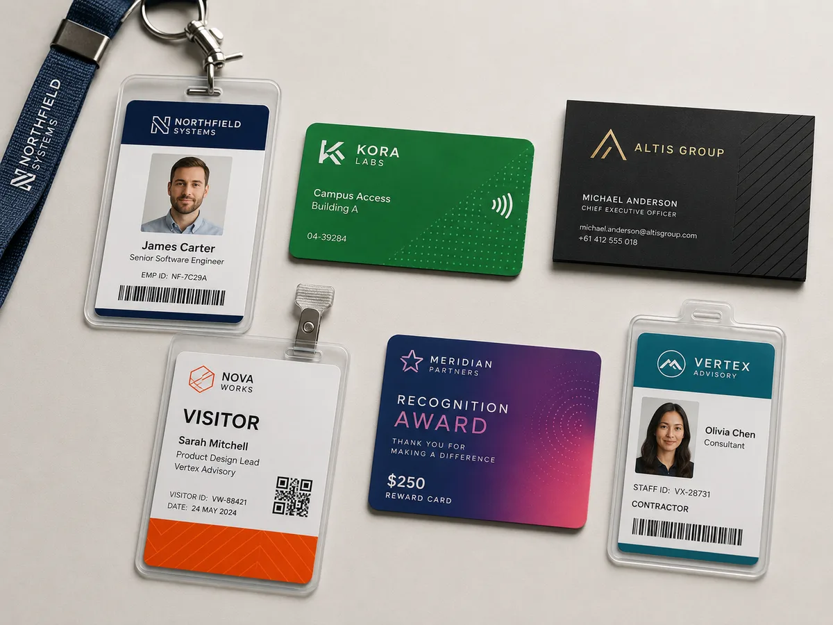 Badges d'entreprise avec photo en porte-badge, carte d'accès NFC, badge visiteur à QR code et cartes PVC personnalisées posés sur une table