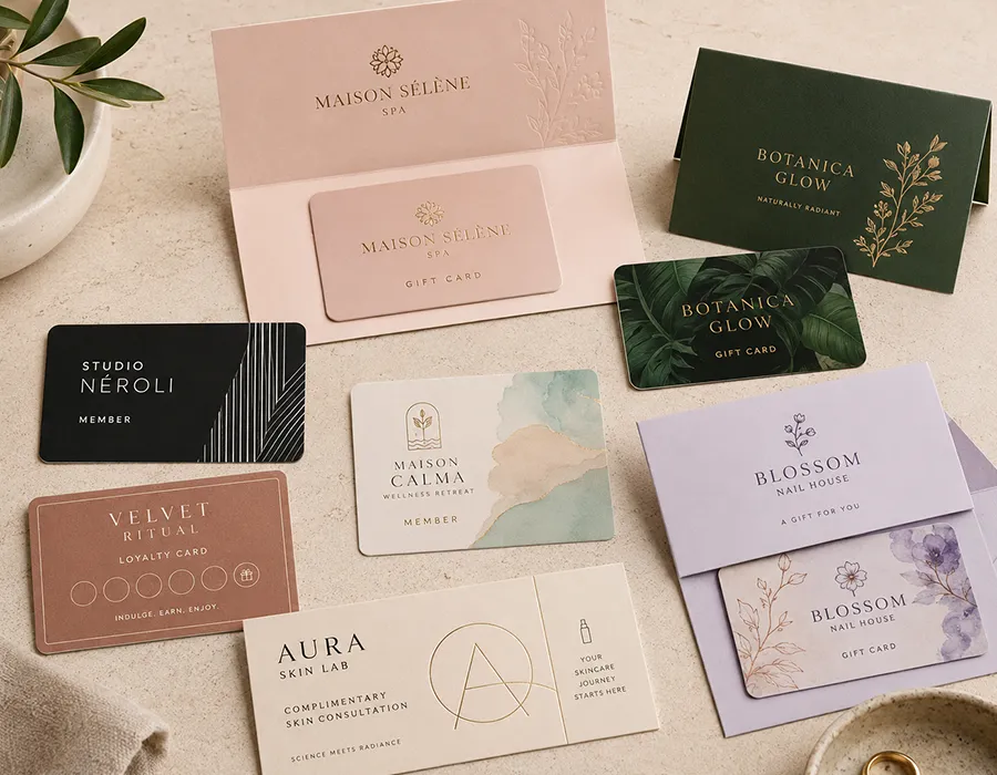 Beauty and wellness loyalty cards, gift cards and elegant packaging produced by Lumacards