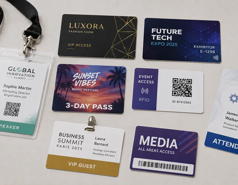 Event badges, lanyards and VIP passes produced by Lumacards for European conferences and festivals