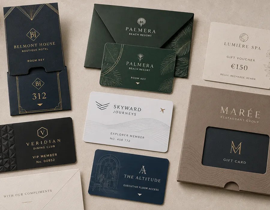 Hospitality key cards, VIP loyalty cards and gift voucher packaging produced by Lumacards