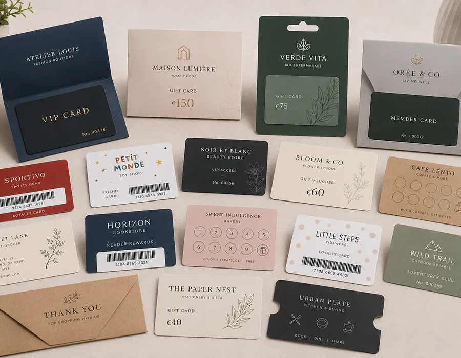 Retail loyalty cards, gift cards and packaging produced by Lumacards for European brands and shops