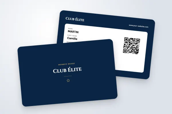 ID badge template “Club Élite” (sports clubs and associations, classic, navy and gold): front and back