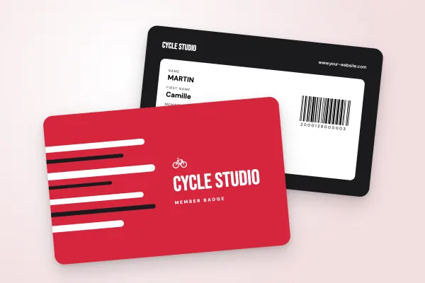 ID badge template “Cycle Studio” (sports clubs and associations, speed lines, red): front and back