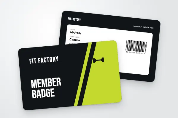 ID badge template “Fit Factory” (sports clubs and associations, bevel, lime green): front and back