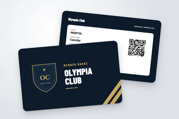 ID badge template “Olympia Club” (sports clubs and associations, club crest, midnight and gold): front and back
