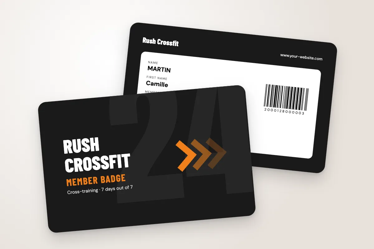 ID badge template “Rush Crossfit” (sports clubs and associations, large number and chevrons, orange): front and back
