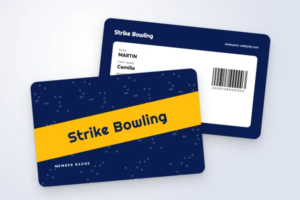 ID badge template “Strike Bowling” (sports clubs and associations, starry banner, midnight): front and back