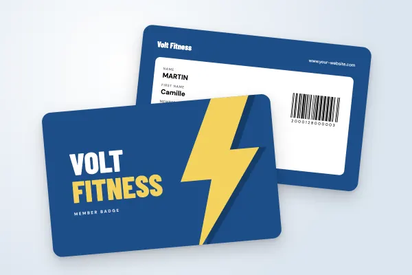 ID badge template “Volt Fitness” (sports clubs and associations, giant lightning bolt, blue and yellow): front and back