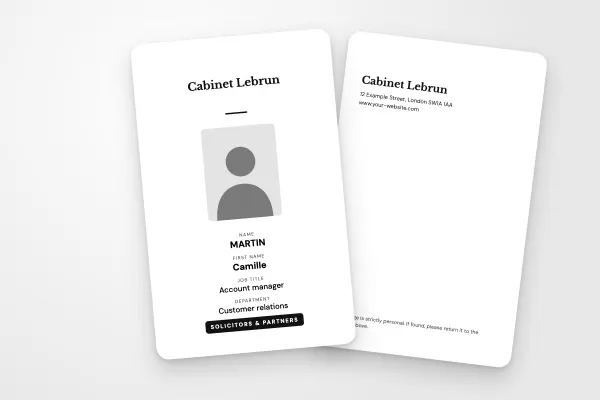 ID badge template “Cabinet Lebrun” (companies and public bodies, vertical, understated black and white): front and back
