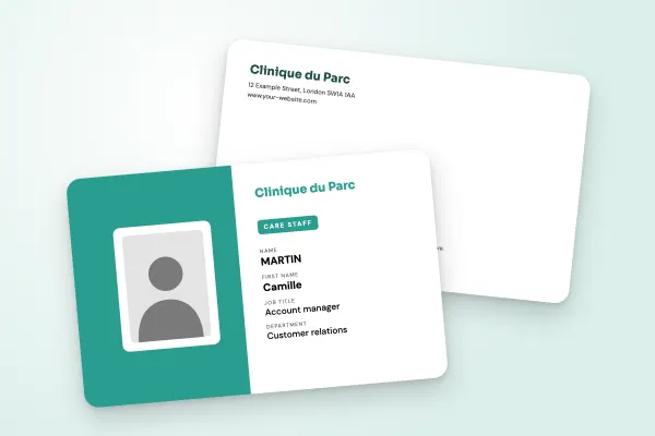 ID badge template “Clinique du Parc” (companies and public bodies, half colour, aqua green): front and back