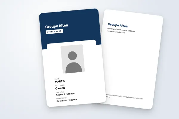 ID badge template “Groupe Altéa” (companies and public bodies, vertical, navy blue banner): front and back