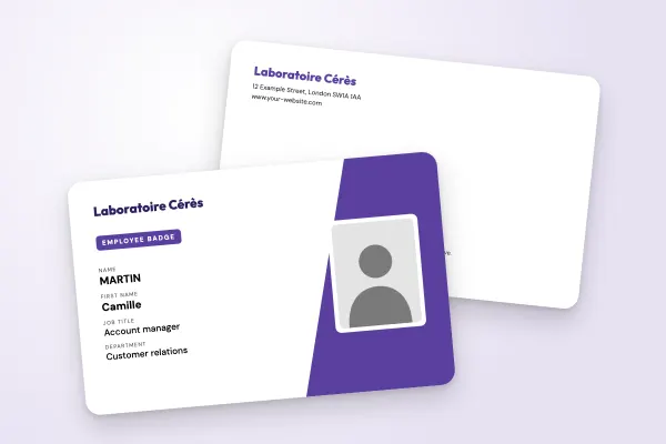 ID badge template “Laboratoire Cérès” (companies and public bodies, slanted block, purple): front and back