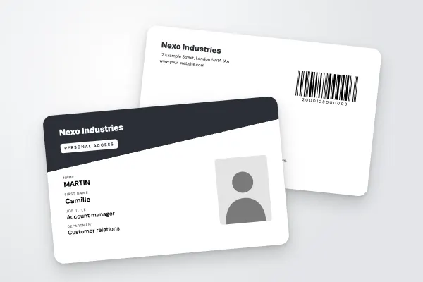 ID badge template “Nexo Industries” (companies and public bodies, diagonal header, charcoal and orange): front and back
