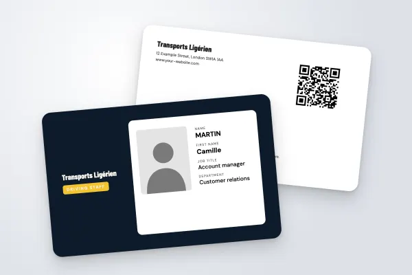 ID badge template “Transports Ligérien” (companies and public bodies, dark background, midnight and yellow): front and back