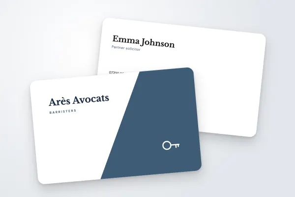 business card template “Arès Avocats” (consultants and creatives, diagonal, slate blue): front and back