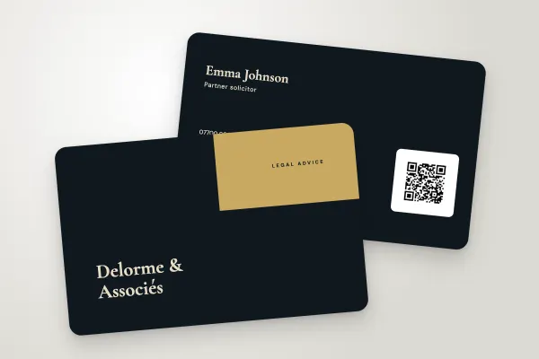 business card template “Delorme & Associés” (consultants and creatives, corner block, midnight and gold): front and back
