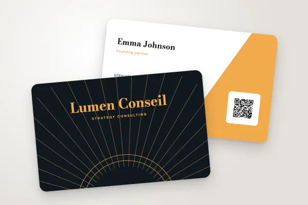business card template “Lumen Conseil” (consultants and creatives, art deco, midnight and amber): front and back