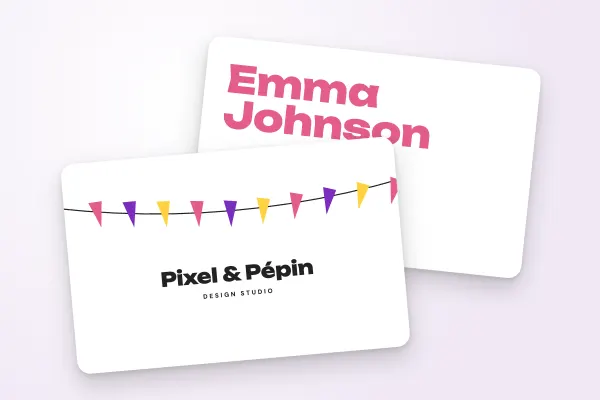 business card template “Pixel & Pépin” (consultants and creatives, coloured bunting): front and back