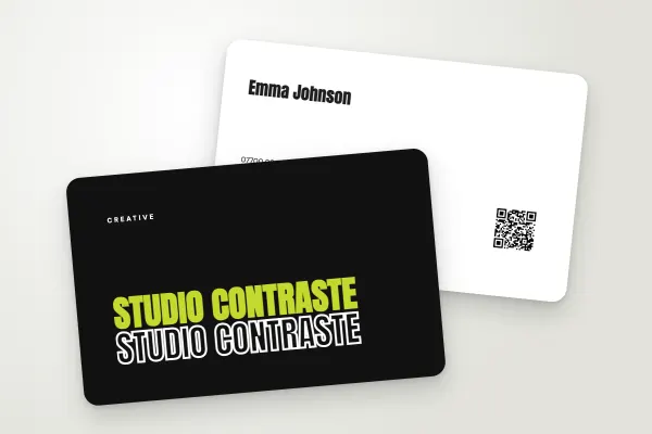business card template “Studio Contraste” (consultants and creatives, pop type, black and lemon): front and back