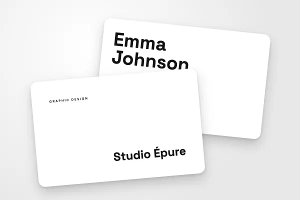 business card template “Studio Épure” (consultants and creatives, name bottom right, black and white): front and back
