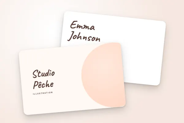 business card template “Studio Pêche” (consultants and creatives, pastel disc, handwritten): front and back