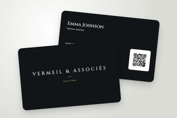 business card template “Vermeil & Associés” (consultants and creatives, spaced capitals, midnight and gold): front and back