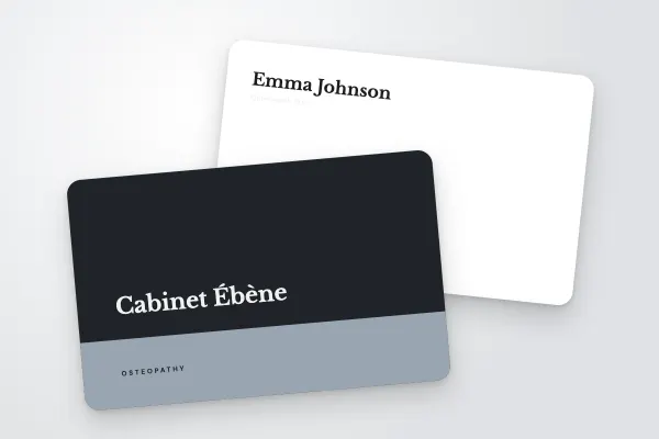 business card template “Cabinet Ébène” (health and wellbeing, silver base, charcoal): front and back
