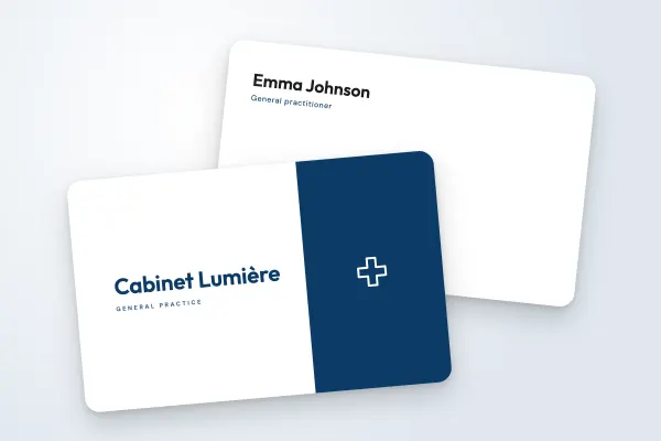 business card template “Cabinet Lumière” (health and wellbeing, two-tone, white and blue): front and back