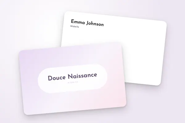business card template “Douce Naissance” (health and wellbeing, pastel gradient, pill): front and back