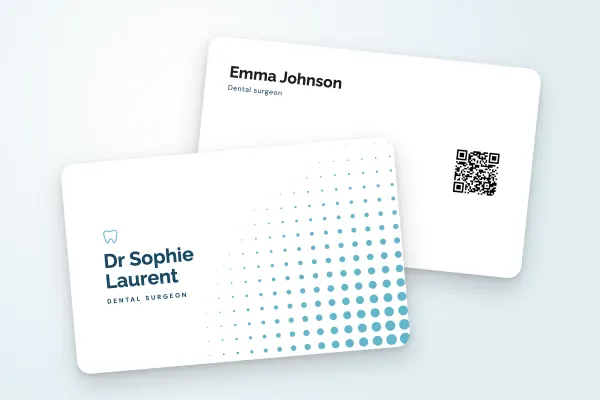 business card template “Dr Sophie Laurent” (health and wellbeing, dot pattern): front and back