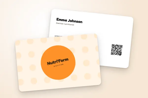 business card template “Nutri’Form” (health and wellbeing, large polka dots, orange): front and back