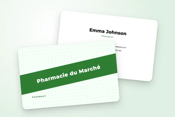 business card template “Pharmacie du Marché” (health and wellbeing, green banner): front and back