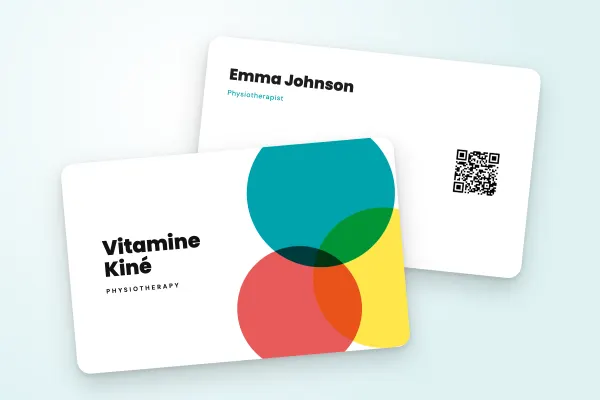 business card template “Vitamine Kiné” (health and wellbeing, overlapping pop discs): front and back