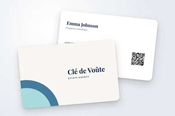 business card template “Clé de Voûte” (property, blue curves): front and back