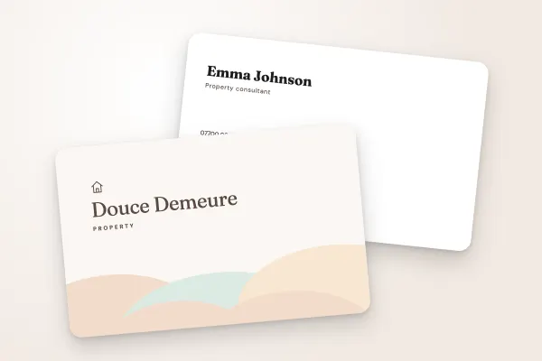 business card template “Douce Demeure” (property, pastel clouds): front and back