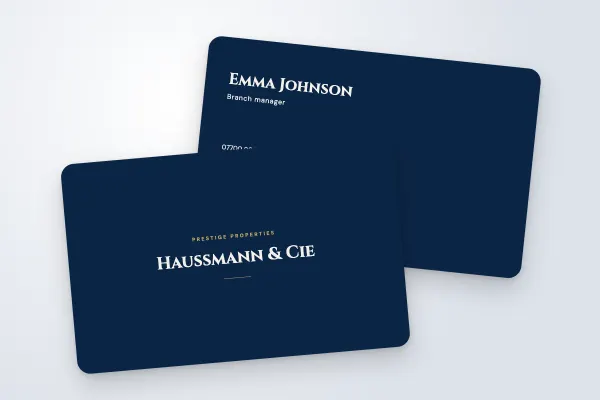 business card template “Haussmann & Cie” (property, classic, navy and gold): front and back