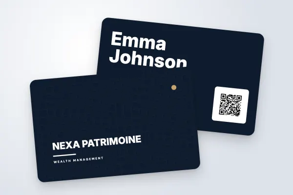 business card template “Nexa Patrimoine” (property, grid, midnight and gold): front and back