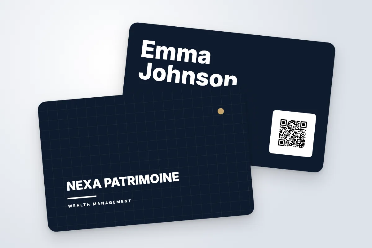 business card template “Nexa Patrimoine” (property, grid, midnight and gold): front and back