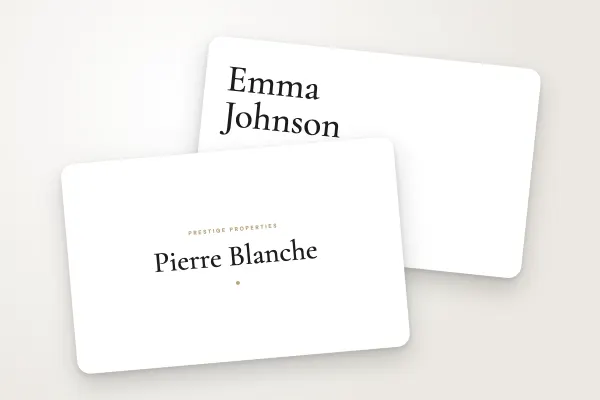 business card template “Pierre Blanche” (property, clean, serif and gold): front and back