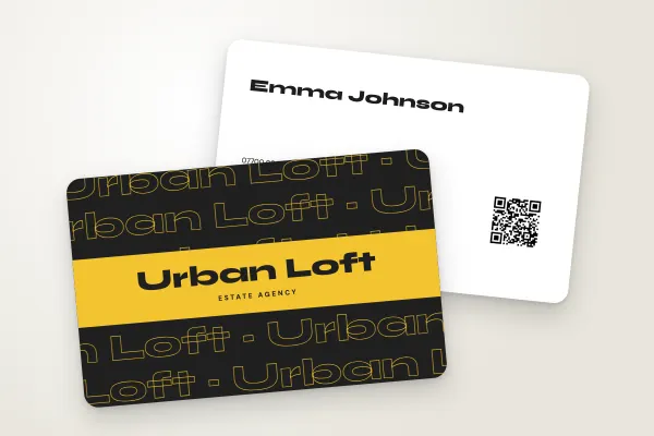 business card template “Urban Loft” (property, repeated name, yellow): front and back